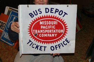 Vintage 1930s Bus Depot Missouri Pacific Gas Oil 19 " Porcelain Metal Flange Sign