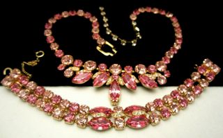 Rare Vintage Signed Eisenberg Pink Rhinestone Necklace & Bracelet Set M1