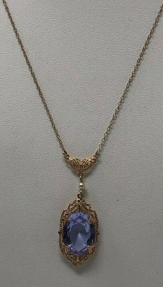 Elegant Antique Art Deco 10kt Gold Filigree Amethyst Necklace W Seed Pearl