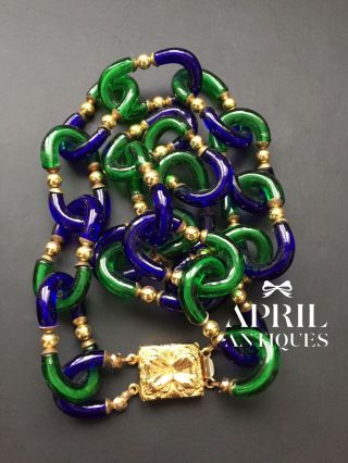 Vintage italian Archimede Seguso blue Green art deco beaded glass necklace 2