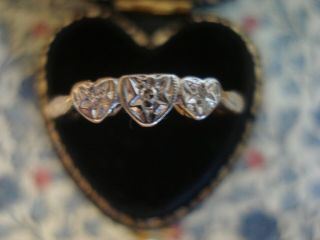 Pretty Antique Art Deco: Sparkling Diamonds Set Hearts,  Platinum & 18ct Gold Ring