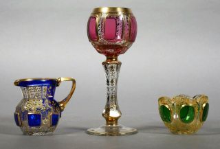 3 Vtg Miniature Moser Glass Items Green Bowl Blue Pitcher & Cranberry Wine Glass