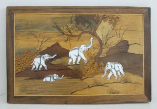 Forest Elephants Vintage 70s Asian Indian Marquetry Wood Inlay Wall Plaque 12x17