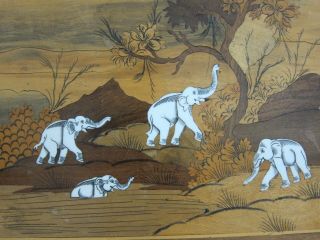 Forest Elephants Vintage 70s Asian Indian Marquetry Wood Inlay Wall Plaque 12x17 2