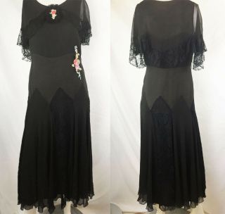 Vintage 20s 30s Lace Insert Lingerie Dress Flutter Sleeve Roses Gypsy Black