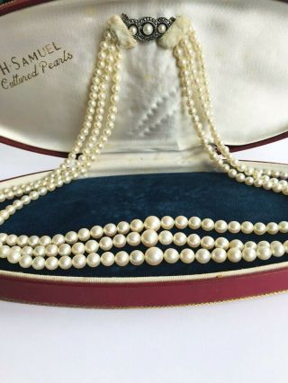 Art Deco Three Strands Cultured Pearls Necklace Boxed Rhodium Clasp