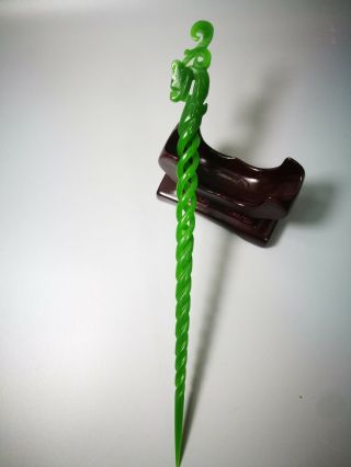 Chinese Old Hand - Carving Natural Green Jade Phoenix Hairpin Rn
