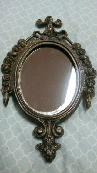 Vintage Italy Small Mirror Wall Hanging - Cast Metal Bronze Gold - Tone Gilt