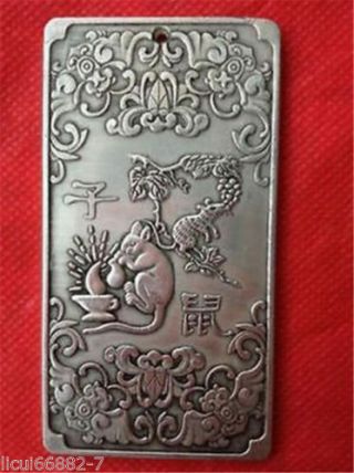 Old Chinese Tibet Silver Chinese Zodiac Mouse Bullion Thanka Amulet Pendant