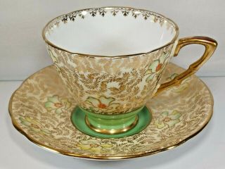 Royal Stafford Green Gold Chintz Beading Floral Tea Cup & Saucer