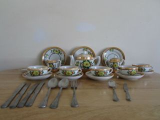Vintage Japan Lusterware Child Tea Set Play Dishes Silverware Aluminum Utensils