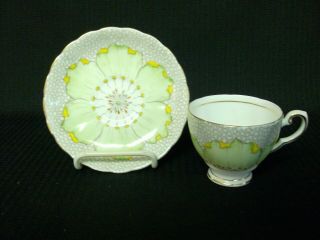 Vintage Tuscan Cup And Saucer Set Green Floral Leaves W/yellow & Orange 2 1/2 "