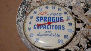 Vintage Sprague Capacitors Advertising Wall Thermometer,  Round,  Glass Lens 12in