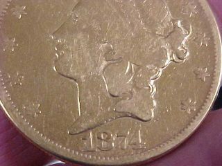 1874 - CC $20 Liberty Double Eagle Gold Coin FINE Detail Cleaned.  Very Rare CC 8