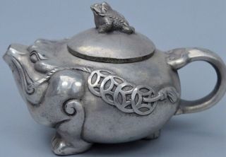 Ancient Souvenir Old Handwork Miao Silver Carve Wealthy Toad Collectable Teapot