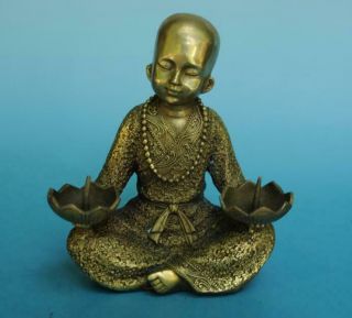 Chinese Old Copper Carved Arhat Buddha Statue Candlestick /qianlong Mark E02