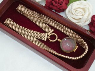 Wide C1890 Antique 12k Rose Gold Gf Mesh Chain Necklace & Pools Of Light Locket