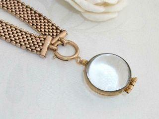 WIDE C1890 ANTIQUE 12K ROSE GOLD GF MESH CHAIN NECKLACE & POOLS OF LIGHT LOCKET 5