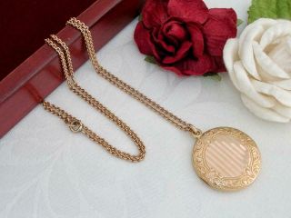 Exquisite C1915 Antique 12k Rose Gold Gf Photo Locket & 14k Gf Chain Necklace