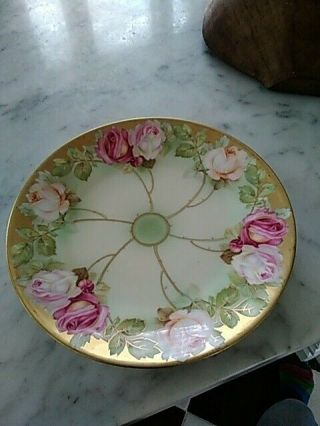 Hand Painted German Cabinet Plate - White Roses With Green Background Gold Trim