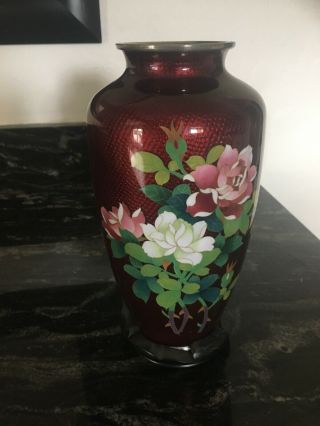 Vintage Japanese Cloisonne Vase Cherry Blossom Ginbari Pigeon Blood Red