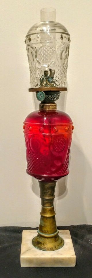 Antique Oil Lamp & Shade,  Flint Glass,  Comet,  Horn Of Plenty P & A Victor Burner