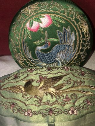 Two Vintage Chinese Silk Boxes Embroidered With Exotic Birds On A Green Ground