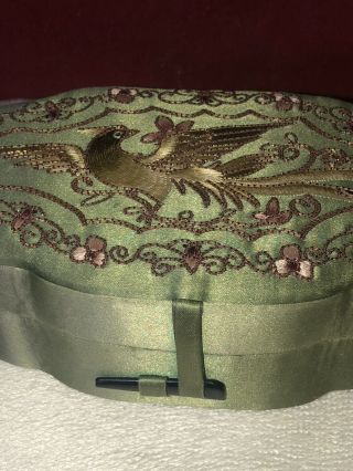 Two Vintage Chinese Silk Boxes Embroidered With Exotic Birds on a Green Ground 2