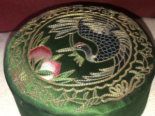 Two Vintage Chinese Silk Boxes Embroidered With Exotic Birds on a Green Ground 3