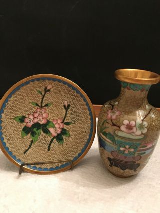 Vintage Chinese Collectible Handmade Brass Cloisonne Enamel Vase With Mini Plate