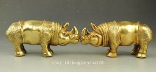 A pair Chinese old fengshui copper hand - carved rhinoceros Rhino statue e02 2