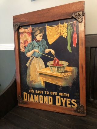 Antique 1900 Diamond Dyes Lithograph Tin Advertising Sign W Frame Country Store