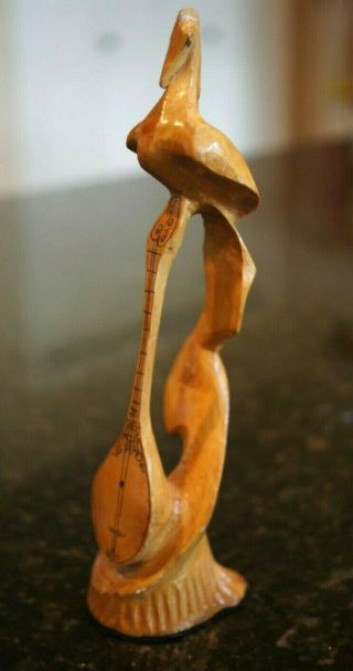 Antique Vintage Carved Wood Asian Crane Eggret Bird Lute Instrument Figurine 3