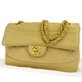 Auth Chanel Cc Logos Quilted Chain Shoulder Bag Leather Beige Vintage 605l654