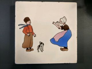 Vintage Tile Art,  Dutch Woman,  Man And Dog,  Tea Tile,  Ceramic Pottery