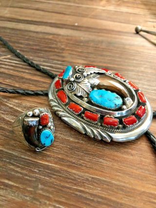 Vintage Navajo Claw Turquoise Coral Sterling Silver Bolo Tie & Ring