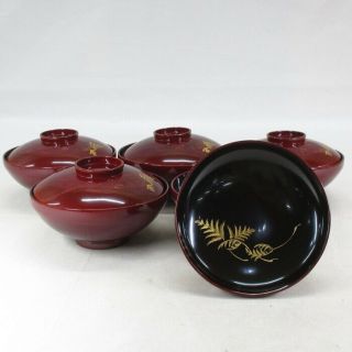 G100: Japanese Old Lacquer Ware 5 Covered Bowls W/shrimp Pattern & Chinkin Work