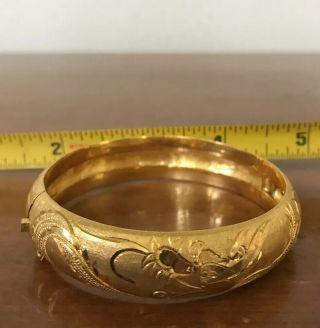 Vintage Chinese Solid 18k Yellow Gold Hinged Bangle Bracelet Etched HEAVY Marked 10
