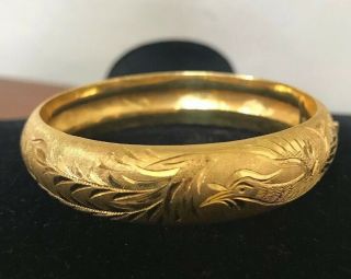 Vintage Chinese Solid 18k Yellow Gold Hinged Bangle Bracelet Etched Heavy Marked