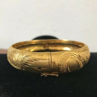 Vintage Chinese Solid 18k Yellow Gold Hinged Bangle Bracelet Etched HEAVY Marked 3