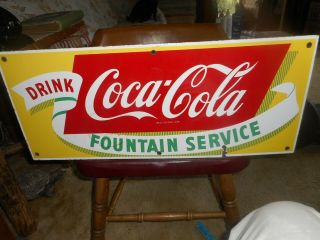 Antique Porcelain Metal Drink Coca - Cola Fountain Sign 28 Inch Wide 12 Inch High