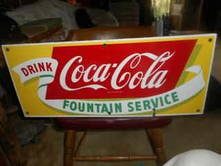 ANTIQUE PORCELAIN METAL DRINK COCA - COLA FOUNTAIN SIGN 28 INCH WIDE 12 INCH HIGH 2