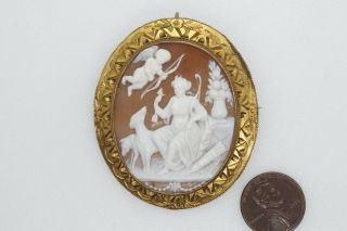 Antique Victorian Pinchbeck Carved Shell Cameo Brooch C1870 Diana & Cupid