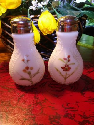 Antique Victorian Shakers Milk Glass Hand Painted Set Of 2