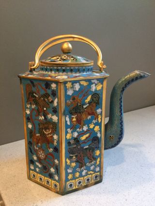 Vintage Chinese Cloisonné Hand Enameled Tea Pot With Foo Shishi Dogs 7.  5 "