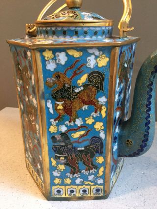 Vintage Chinese Cloisonné Hand Enameled Tea Pot with Foo Shishi Dogs 7.  5 
