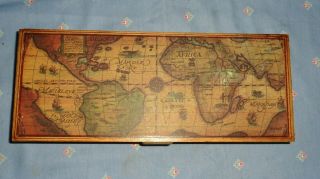 Vintage Men Wood Jewelry Box - Olde Continents,  Map - 11.  5 " X 2.  5 " X 5 " Deep -
