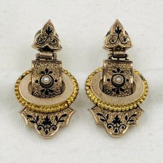 Antique Victorian 10k Yellow Gold Black Enamel Seed Pearl Earrings