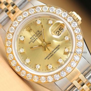 Ladies Rolex Datejust Factory Champagne Diamond Dial 18k Gold 2 - Tone Watch