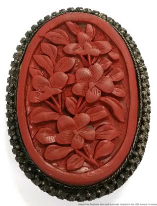 Antique Chinese Late Qing Carved Cinnabar Lacquer Floral Money Clip Brooch